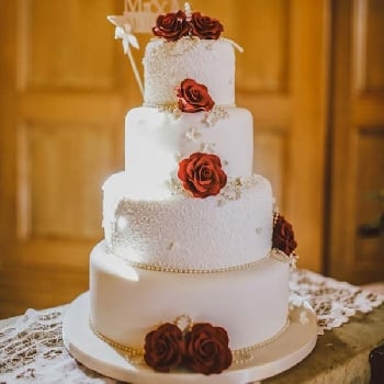 White 4 Tier Red Rose Wedding Cake