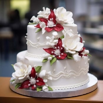 Red and White Floral Wedding Cake